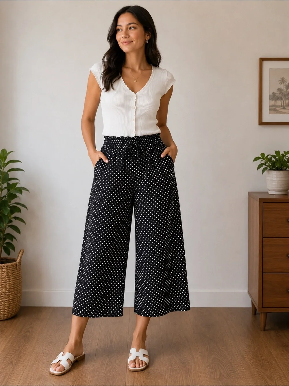 Adrienne Vittadini Black Polka Dot Wide-Leg Culotte Pants - Picture 1 of 5
